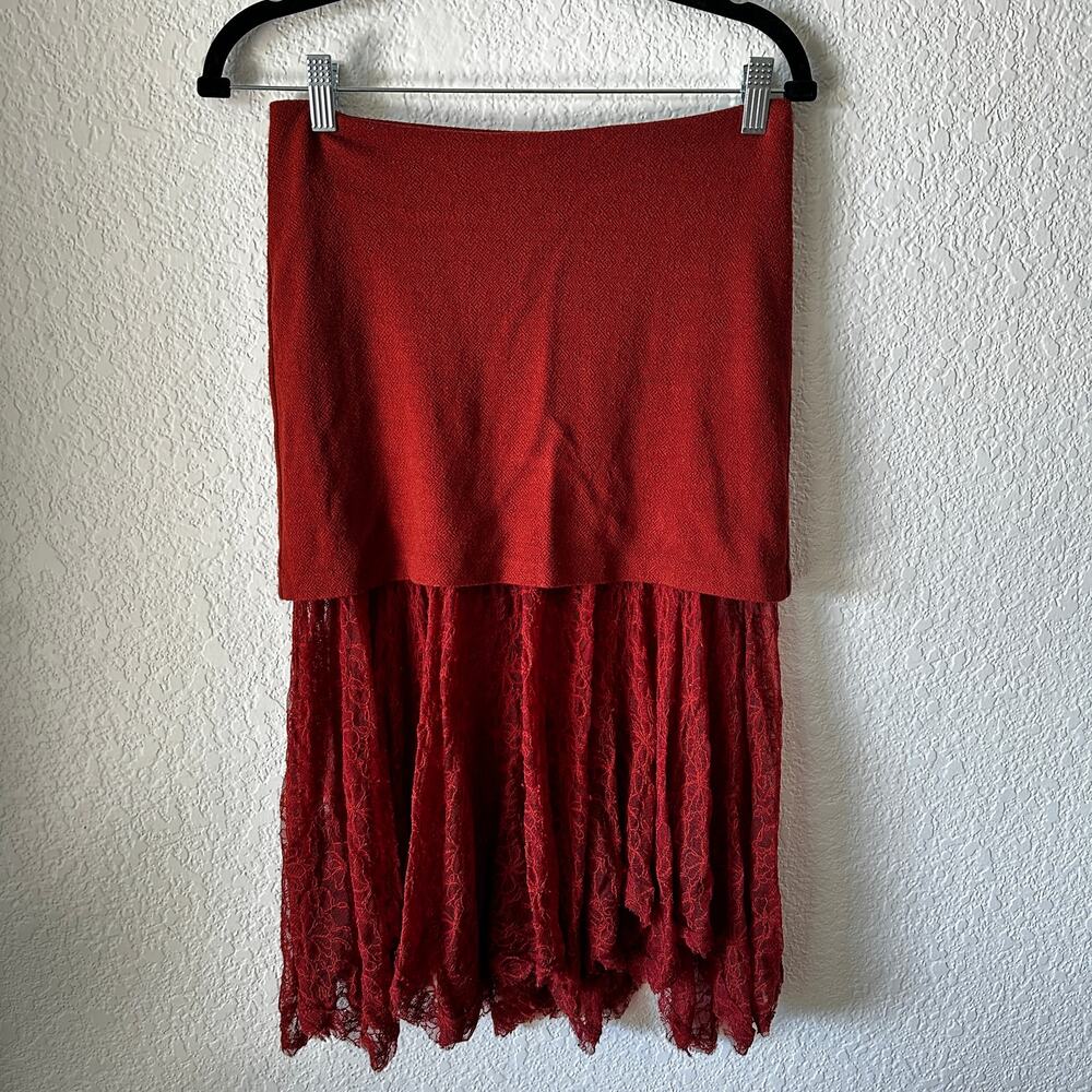 Free People Two For One Sheer Lace Midi Skirt | XS | Red Rust